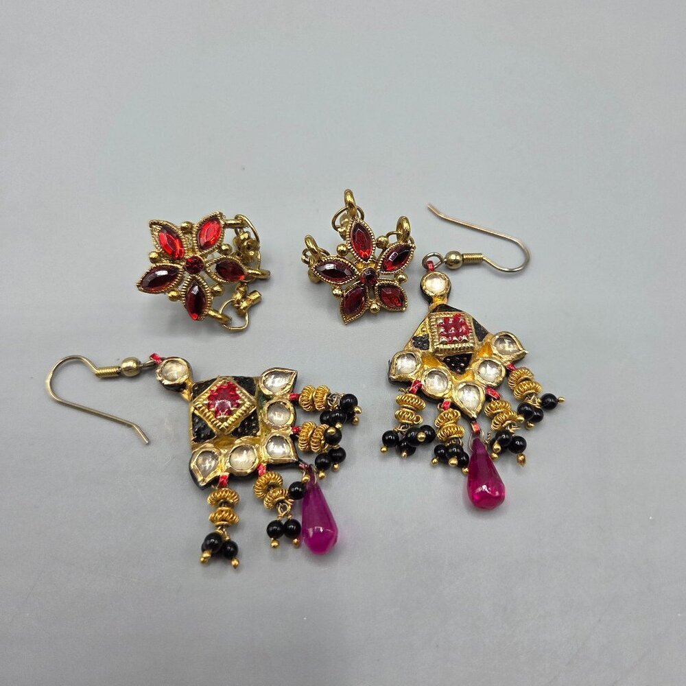 Gold Tone Red Stone Dangle Earrings Bundle Thai Balinese Boho